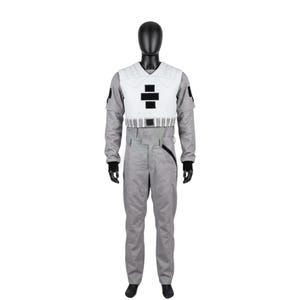May include: A gray jumpsuit featuring a white chest plate with a black cross emblem and a white waist belt. The jumpsuit has long sleeves with black cuffs, a black patch on each shoulder, and a diagonal black zipper detail on the left hip area.