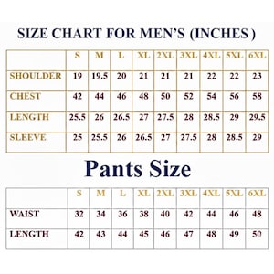 May include: A size chart for men's clothing, with measurements in inches. The chart details shoulder, chest, length, and sleeve measurements for sizes S to 6XL. A separate section provides pants sizes, including waist and length measurements.