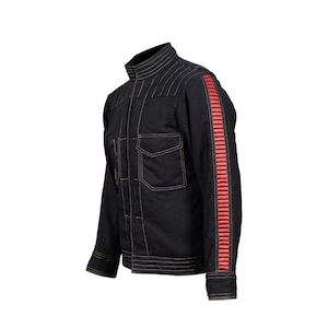 May include: Black jacket with a mandarin collar, two chest pockets, and gold stitching. The right sleeve features a red stripe design. A stylish jacket for cosplay or everyday wear.