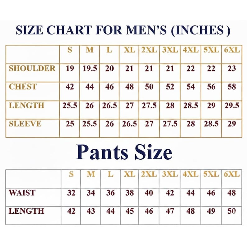 Puede incluir: Una tabla de tallas de ropa para hombre, que muestra las medidas en pulgadas. La tabla incluye medidas de hombro, pecho, largo y manga para varias tallas, de la S a la 6XL. Una secci&oacute;n separada detalla las tallas de pantalones.