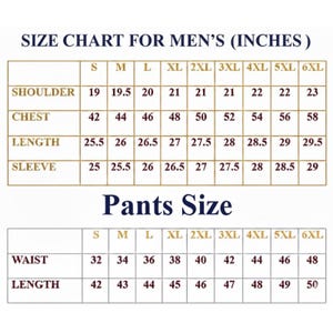 May include: A size chart for men's clothing, displaying measurements in inches. The chart includes shoulder, chest, length, and sleeve measurements for various sizes, from S to 6XL. A separate section details pants sizes, including waist and length.