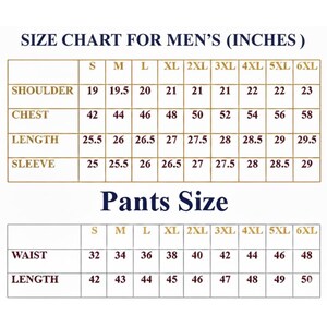May include: A size chart for men's clothing, displaying measurements in inches. The chart includes sizes S to 6XL for shoulder, chest, length, and sleeve measurements. A separate section details pants sizes, including waist and length.