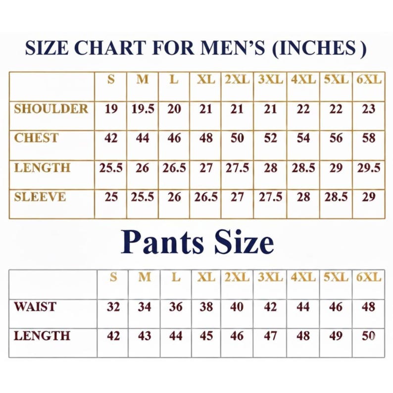 May include: A size chart for men's clothing, displaying measurements in inches. The chart includes sizes S to 6XL for shoulder, chest, length, and sleeve measurements. A separate section details pants sizes, including waist and length.