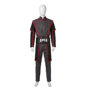 May include: A gray and black costume with red trim, displayed on a mannequin. The outfit includes a long-sleeved top, pants, and a belt. The top has a mandarin collar and short sleeves. The belt has a rectangular buckle.