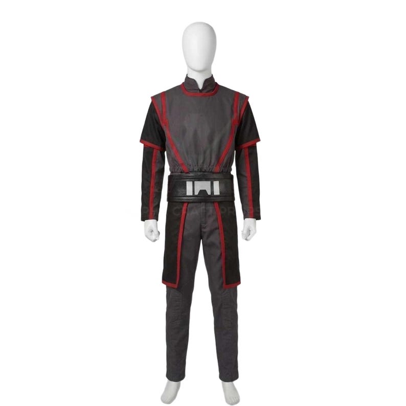 May include: A gray and black costume with red trim, displayed on a mannequin. The outfit includes a long-sleeved top, pants, and a belt. The top has a mandarin collar and short sleeves. The belt has a rectangular buckle.