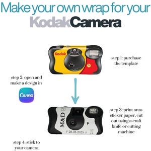 May include: Image showing instructions for creating a custom wrap for a Kodak camera. The steps include purchasing a template, designing in Canva, printing on sticker paper, and applying it to the camera. The image features a yellow, red, and black Kodak camera and a black and white custom-wrapped camera.