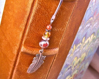 Feather Bookmark - Silver Plated Pewter Feather Charm with Red Marbled Stone and Mixed Media Beads / Silver Plated Shepherd Hook Page Marker