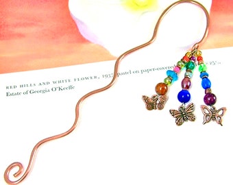 Butterfly Bookmark - Copper Plated Charms Butterflies & Colorful Mixed Media Beads Copper Wire Hand Forged Hammered Large Page Marker Books