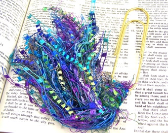 Blue Tassel Bookmark - BIG 4" Oversized Paperclip Novelty Yarn Fancy Fiber Puff Tassel Blue Green Purple Watercolor Large Tassel Handcrafted