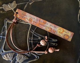 Dr. Seuss Bookmark - Hammered Engraved Copper / Torch Flame Patina - Fill Your House with Books Quote - Wooden Beads & Leather Cord Copper