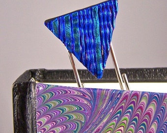 Dichroic Glass Bookmark - Blue Cobalt Deep Navy Blue Stripes Patterned Waves Ripple Textured Striped Triangle Fused Glass 3" BIG Paperclip