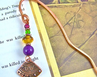 Bookmark - Tribal Shield Patterned Charm - Jewel Tones Purple Amber Green Red Beads with Hand Forged Hammered Copper Shepherd Hook - 6"