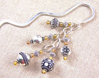 Bookmark Silver Plated Fancy Exotic Beads - Golden Amber Glass Beads - Silver Plated Shepherd Hook Page Marker Book Mark Silver Beads
