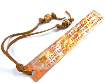 Bookmark - Hammered Engraved Copper / Torch Flame Patina - 7th Anniversary Love Quote - Wooden Beads & Leather Cord Copper Anniversary Gift