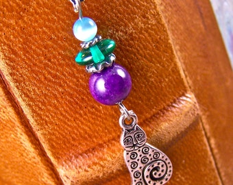 Cat Bookmark - Silver Cat Charm with Mixed Media Beads / Silver Shepherds Hook w Green Glass & Purple Stone Silver Plated Pewter Charm