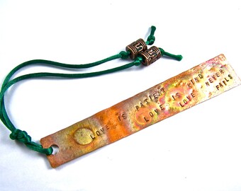 Bible LOVE Quote Bookmark - Hammered Engraved Copper / Torch Flame Patina - Copper Plated Beads Leather - Corinthians Love is Patient Kind.