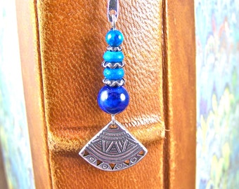 Bookmark - Tribal Shield Theme with Blue Stone & Silver Plated Pewter Beads - Silver Plated Shepherd Hook