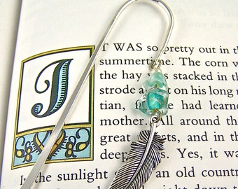 Feather Bookmark - Silver Plated Pewter Charm with Verdigris Green Turquoise Sea Glass Beads / Silver Shepherd Hook Page Marker Nature Charm