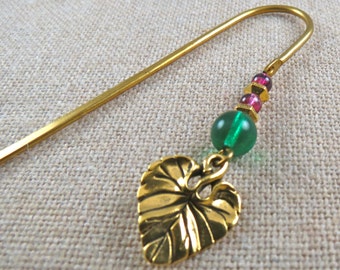 Gold Leaf Bookmark - Gold Plated Pewter Spring Leaf and Green Berry Pink Beads - Gold Plated Shepherd Hook, Verdigris Glass Bead Gold Hook