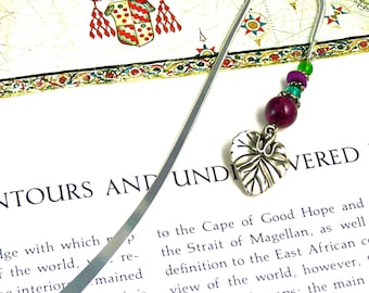 Leaf Bookmark - Charm Silver Pewter Spring Purple Stone Beads - Silver Shepherd Hook Silver Green Glass Beads Hook Bookmark for Book Readers