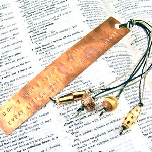 Hemingway Bookmark - Hammered Engraved Copper Flame Patina - "There is no friend as loyal as a book" Ernest Hemingway Wood Beads & Hemp Cord