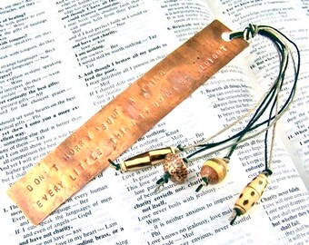 Hemingway Bookmark - Hammered Engraved Copper Flame Patina - "There is no friend as loyal as a book" Ernest Hemingway Wood Beads & Hemp Cord