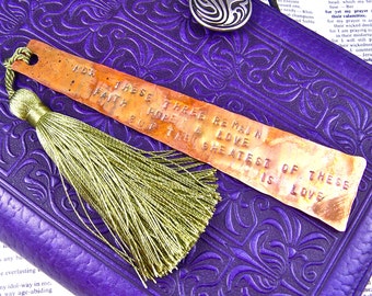 Bible Bookmark - Love Quote Corinthians - Hammered Forged Copper - Wedding Bridal Gift - Personalized Marriage Quotation Copper Anniversary
