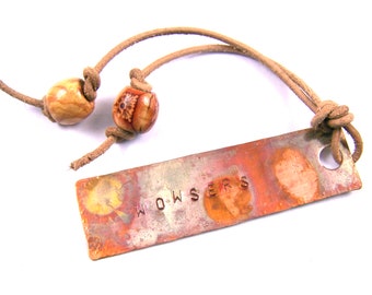 Bookmark - Torch Flame Patina Stamped Hammered Copper Leather Cord Painted Wooden Beads - Custom Quote Personalized Wowzers Wowsers WOW