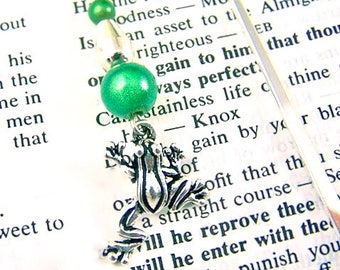 Frog Bookmark - Silver Frog Charm with Mixed Media Beads / Silver Shepherds Hook & Bead with Green Miracle Beads Silver Plated Pewter Charm