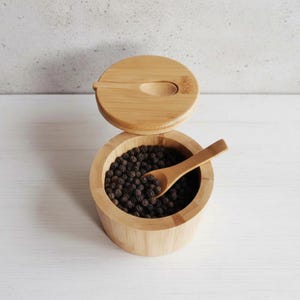 Handmade Wooden Natural Bamboo Spice Jar with Spoon | Round Kitchen Canister for Salt, Sugar & Seasonings