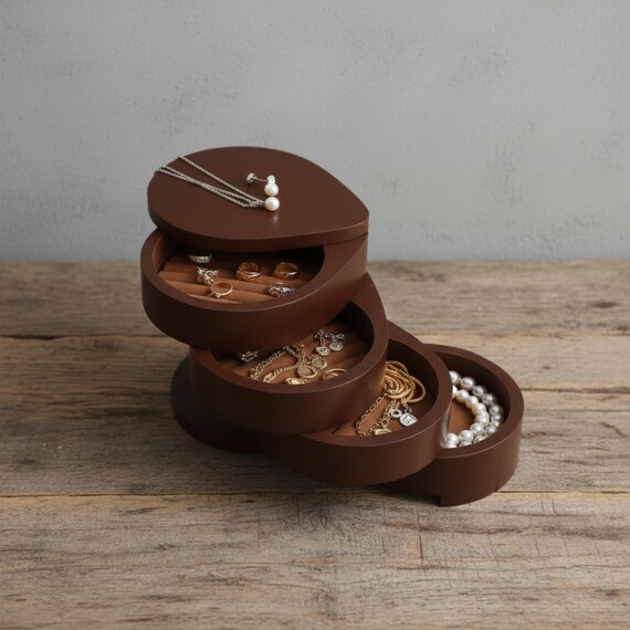 Handmade Swivel Wood Jewelry Box | Stackable 4-Layer Rotating Organizer for Rings & Earrings