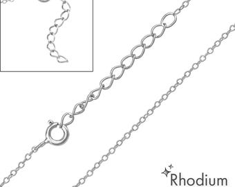 Delicate Sterling Silver Cable Chain Necklace – 39cm + 3cm Extension | Rhodium Plated | Minimalist Jewelry