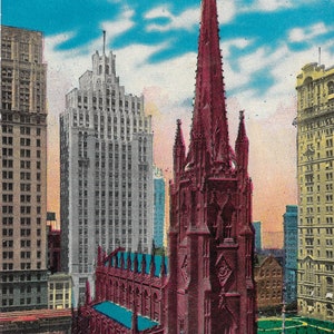Trinity Church - Broadway & Wall Street - New York City - Vintage Postcard