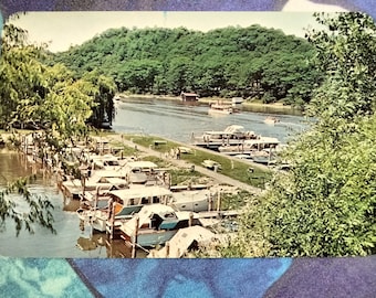 Boat docking along the Kalamazoo River - Saugatuck, Michigan - Vintage Postcard