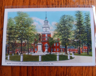 Estatua de Barry y Independence Hall, Filadelfia (Pensilvania), postal antigua