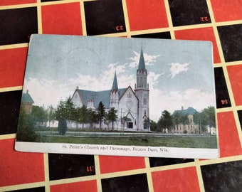Peter's Church en pastorie - Beaver Dam, Wisconsin - 1913 vintage briefkaart