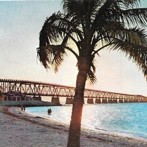 Cartão Postal Pôr do sol sobre a Ponte Bahia Honda - Overseas Highway - Florida Keys - Vintage