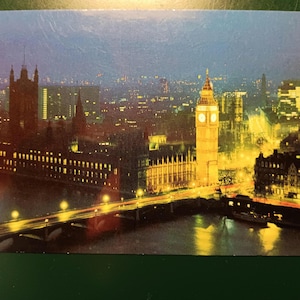 Big Ben & Westminister Bridge at Night - London - Vintage Postcard