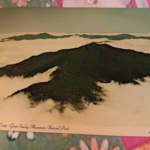 May include: A vintage postcard depicting Mt. LeConte in Great Smoky Mountains National Park. The image shows a mountain range partially obscured by clouds, with a light green sky. The postcard has a glossy finish.