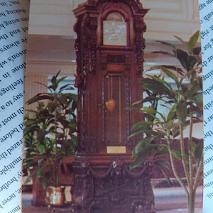 May include: A large, ornately carved, dark wood grandfather clock with a white face and gold hands. The clock is standing in a room with plants in pots.