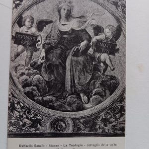 May include: Monochrome print of a religious artwork. A central figure is flanked by cherubs holding signs with text. The artwork is enclosed within a decorative border. Text at the bottom reads "Raffaello Sanzio - Stanze - La Teologia - dettaglio della volta Vaticano-Roma."