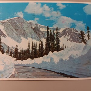 L'autoroute 130 au-dessus de la chaîne enneigée dans la forêt nationale de Medicine Bow, dans le sud du Wyoming - Carte postale vintage 1983