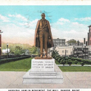 Hannibal Hamlin Monument - The Mall - Bangor, Maine - 1931 Vintage Postcard