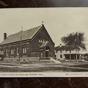 St Mary&#39;s Catholic Church & Parsonage - Fairfield, Iowa - Vintage Postcard