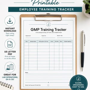 May include: A clipboard with a printed "GMP Training Tracker" form. The form includes sections for employee information, training topics, and completion status. Text on the form includes "Instant Download," "US Letter PDF," and "Great for Lab Operations, QA & QC."