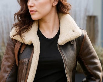 Handmade Women's Shearling Leather Aviator Jacket: Short B3 Bomber Coat