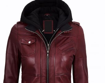 Women’s Maroon Leather Biker, Bomber Style Leather Jacket Removal Hooded Christmas For Her