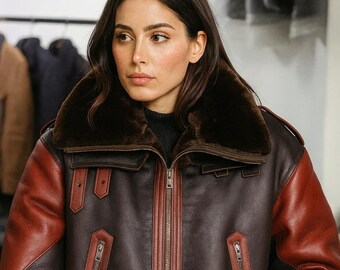 Handmade Shearling Bomber Jacket: Two-Tone Sheepskin Leather Aviator Coat