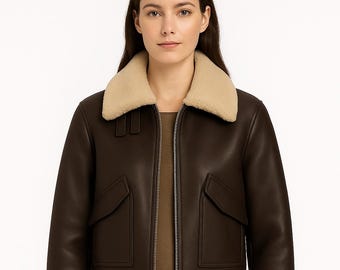 Handmade Women's Brown Shearling Leather Aviator Bomber Jacket