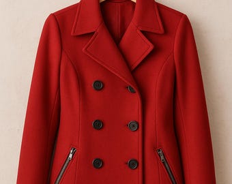 Women’s Red Double-Breasted Peacoat | Elegant Winter Wool Coat | Warm Long Jacket Christmas Gift